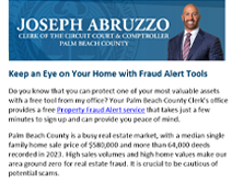 Informational flyer featuring Joseph Abruzzo, Clerk of the Circuit Court & Comptroller for Palm Beach County, offering Fraud Alert Tools to protect homes.